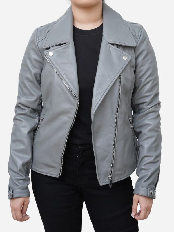 Outerwear Trends Elizabeth Classic Sheepskin Grey Leather Moto Jacket