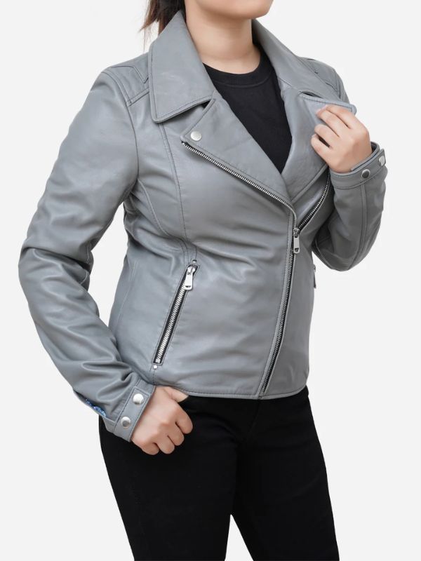 Outerwear Trends Elizabeth Classic Sheepskin Grey Leather Moto Jacket