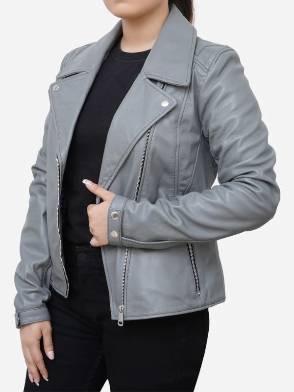 Outerwear Trends Elizabeth Classic Sheepskin Grey Leather Moto Jacket