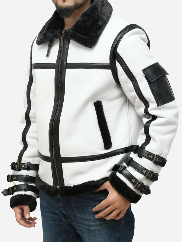 Outerwear Trends Franklin Men's White Leather Aviator B3 Bomber Jacket