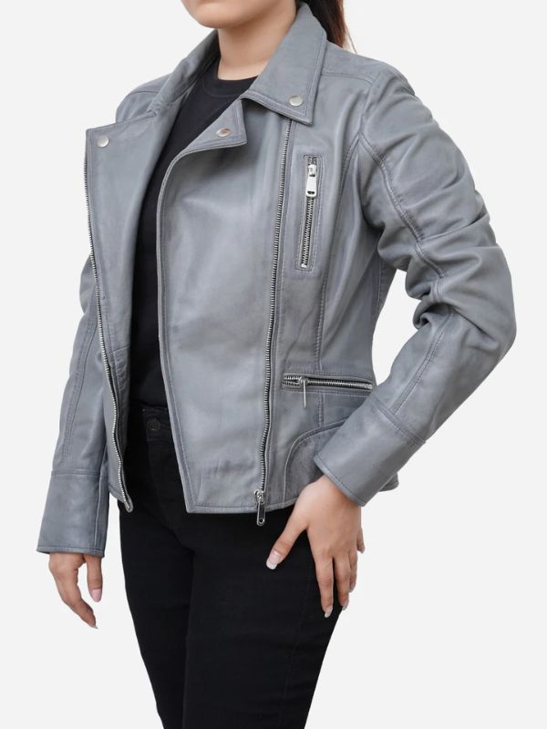 Outerwear Trends Gianna Real Sheepskin Gray Leather Moto Jacket