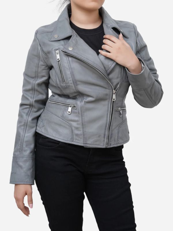 Outerwear Trends Gianna Real Sheepskin Gray Leather Moto Jacket