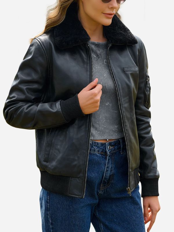 Outerwear Trends Ginny Shearling Black Bomber Leather Jacket