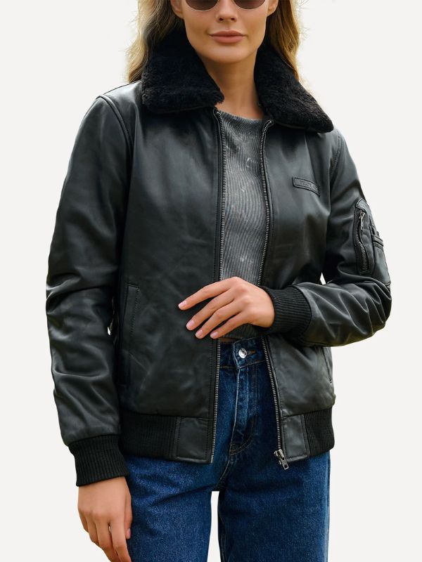 Outerwear Trends Ginny Shearling Black Bomber Leather Jacket