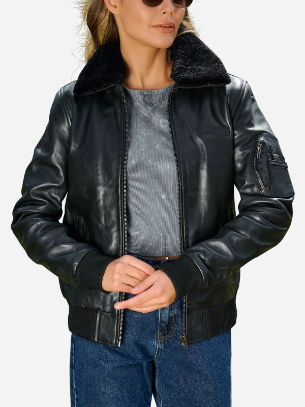 Outerwear Trends Ginny Shearling Black Bomber Leather Jacket