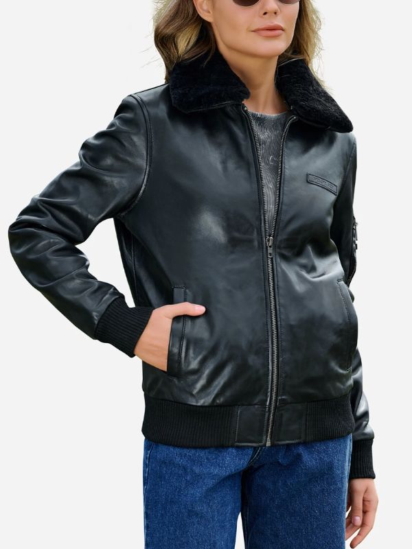 Outerwear Trends Ginny Shearling Black Bomber Leather Jacket