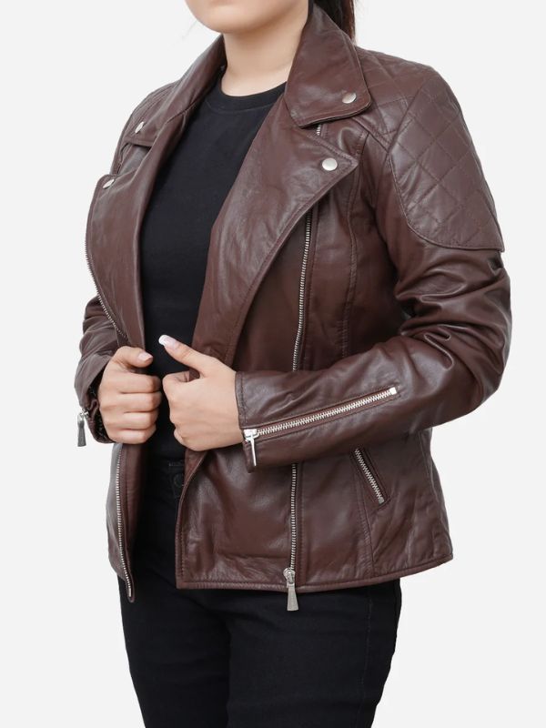 Outerwear Trends Hailey Stylish Quilted Brown Biker Leather Jacket