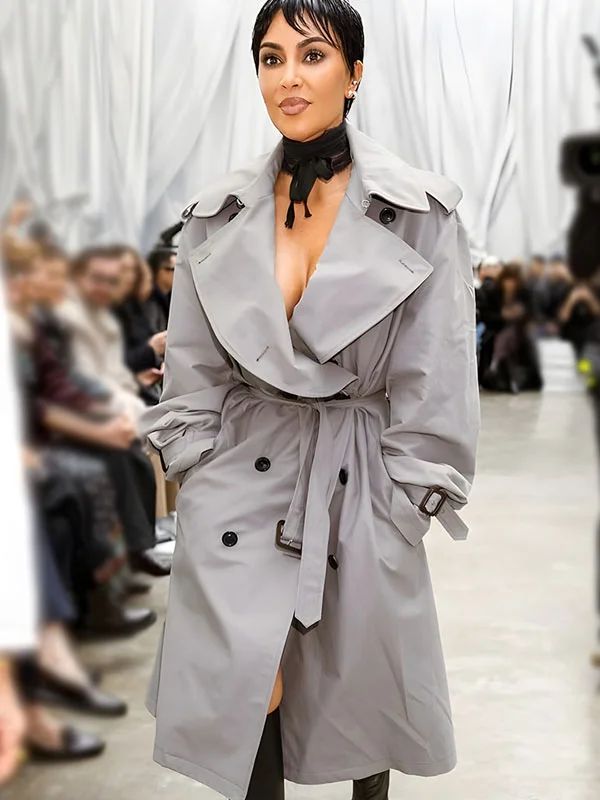 Outerwear Trends Kim Kardashian Paris Fashion Week Show Grey Trench Coat