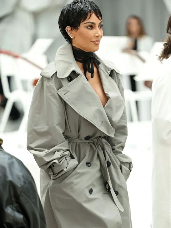 Outerwear Trends Kim Kardashian Paris Fashion Week Show Grey Trench Coat