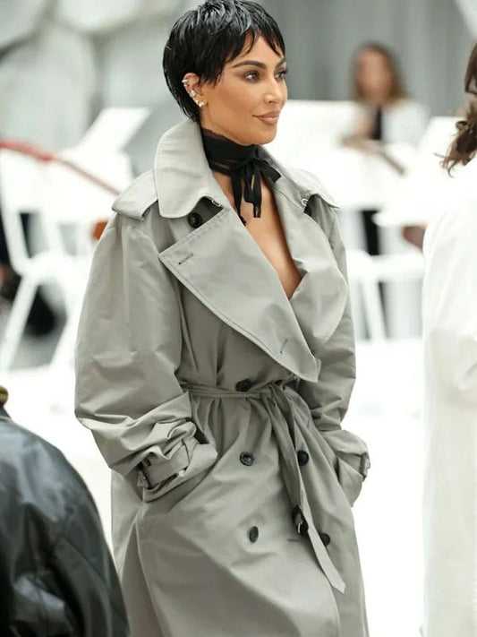 Outerwear Trends Kim Kardashian Paris Fashion Week Show Grey Trench Coat