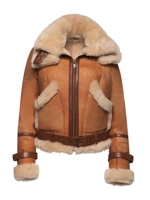 Outerwear Trends Kristy Vintage Cognac Womens Crop Shearling Bomber Jacket