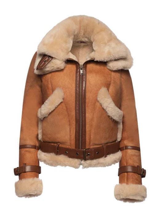 Outerwear Trends Kristy Vintage Cognac Womens Crop Shearling Bomber Jacket