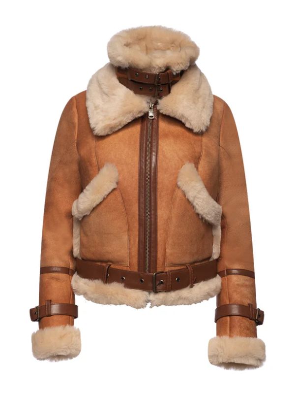 Outerwear Trends Kristy Vintage Cognac Womens Crop Shearling Bomber Jacket