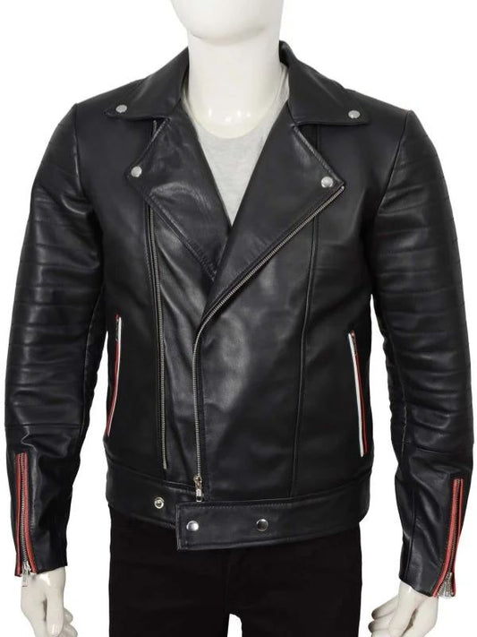 Outerwear Trends Long Flap Collar Real Leather Black Biker Jacket For Men