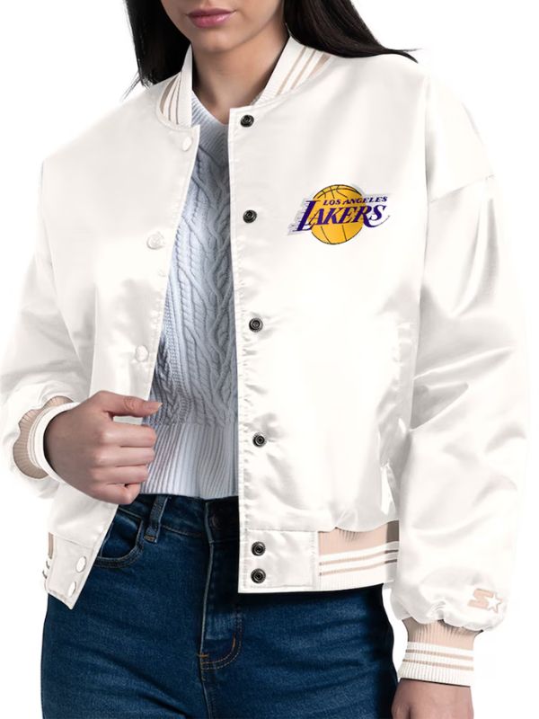 Outerwear Trends Los Angeles Lakers Starter Cream Printed Logo Varsity Jacket