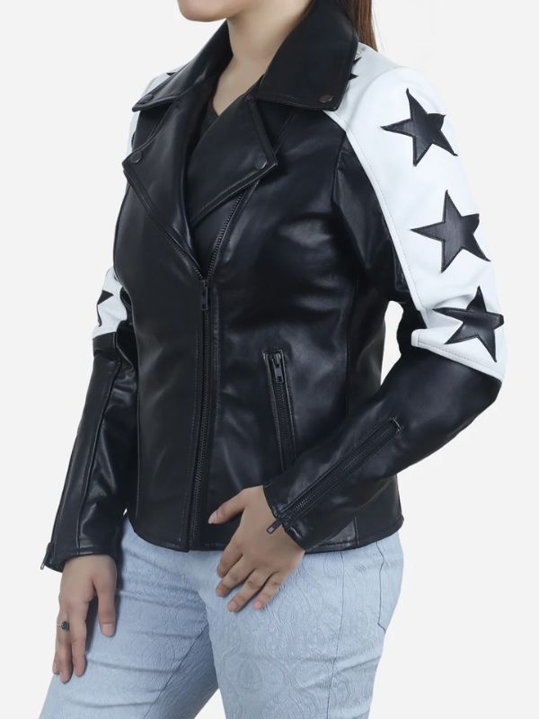 Outerwear Trends Maura Women's Black Motorcycle Leather Jacket with Star Patches