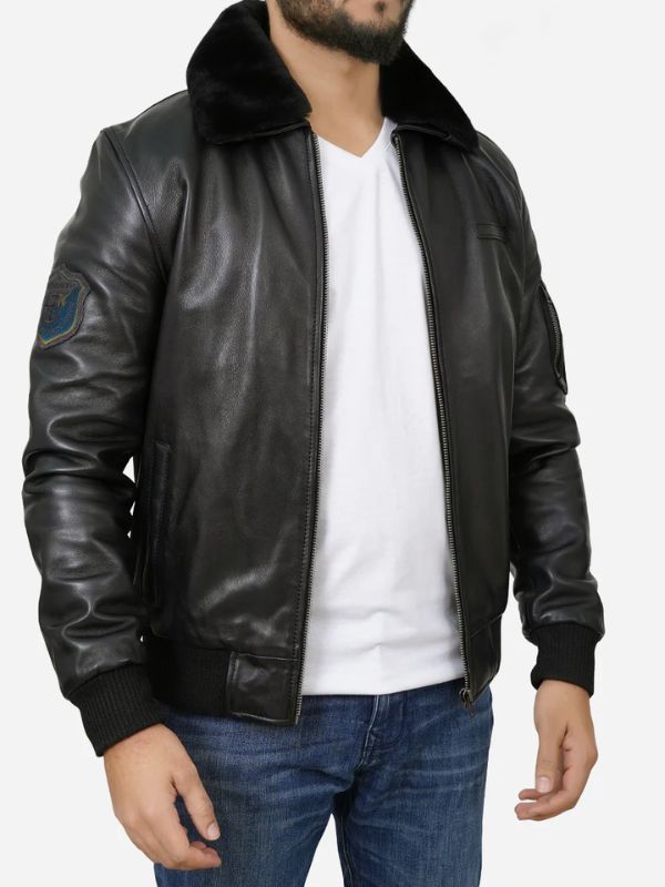 Outerwear Trends Men Black Shearling Collar Bomber Leather Jacket