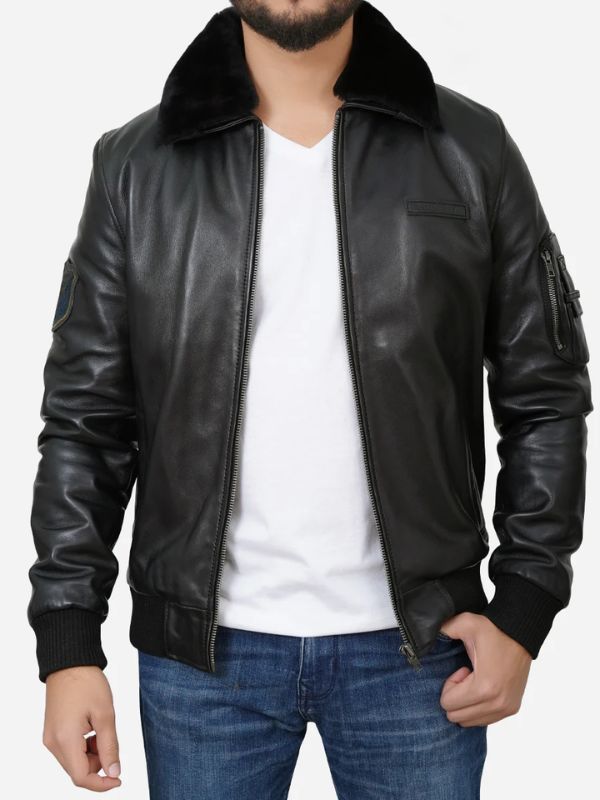 Outerwear Trends Men Black Shearling Collar Bomber Leather Jacket