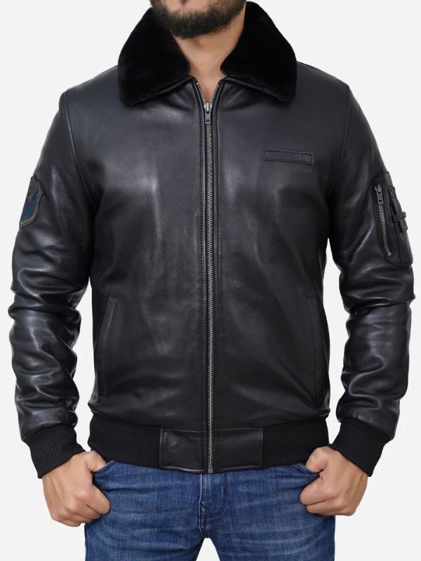 Outerwear Trends Men Black Shearling Collar Bomber Leather Jacket