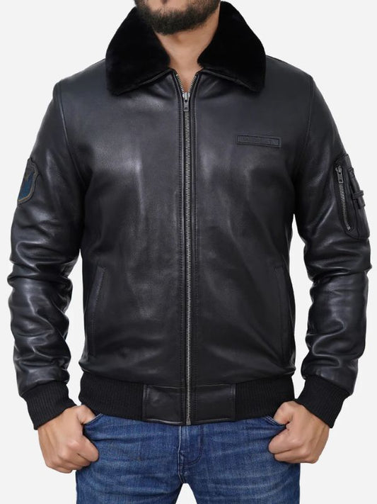 Outerwear Trends Men Black Shearling Collar Bomber Leather Jacket