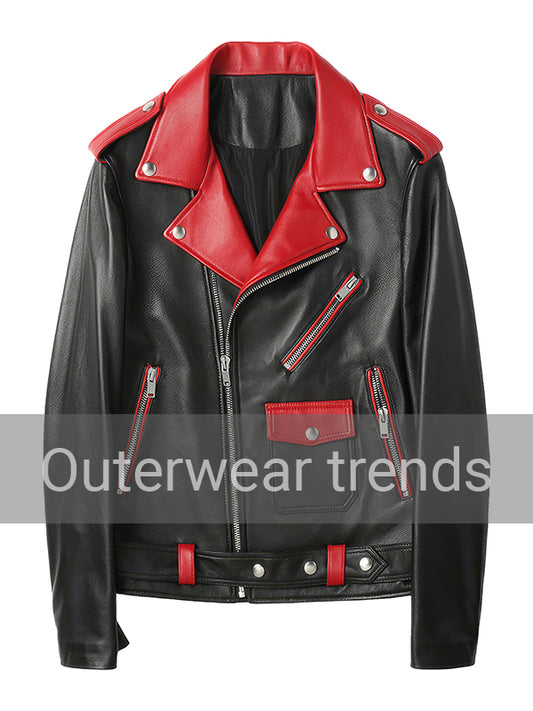 Outerwear Trends Men’s Black Biker Red Lapel Collar Leather Jacket
