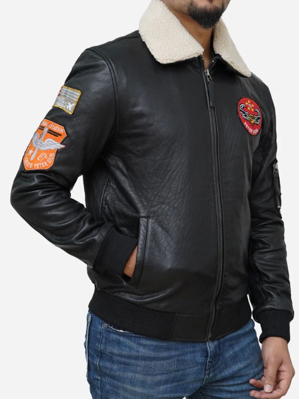 Outerwear Trends Men's Black Genuine Leather Jacket With Shearling Collar