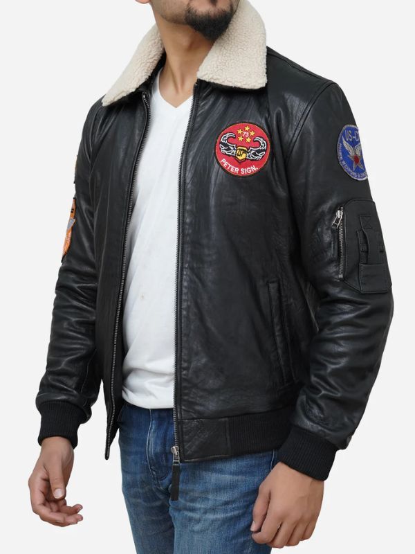 Outerwear Trends Men's Black Genuine Leather Jacket With Shearling Collar
