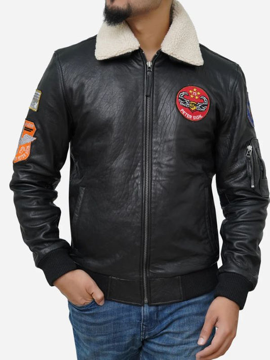 Outerwear Trends Men's Black Genuine Leather Jacket With Shearling Collar