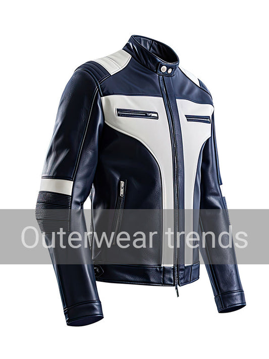 Outerwear Trends Men’s Navy Blue White Quilted Cafe Racer Leather Jacket