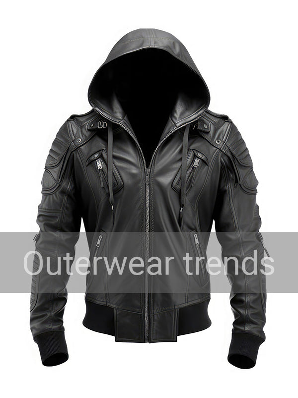Outerwear Trends Men’s Stylish Hooded Black Genuine Leather Bomber Jacket