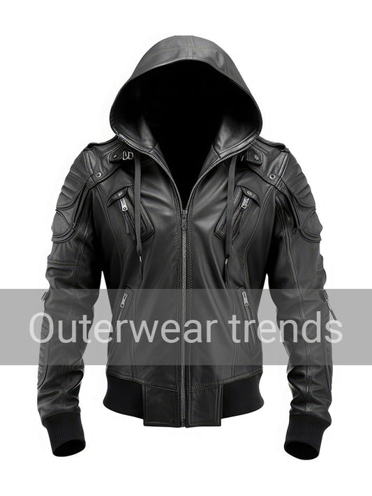 Outerwear Trends Men’s Stylish Hooded Black Genuine Leather Bomber Jacket