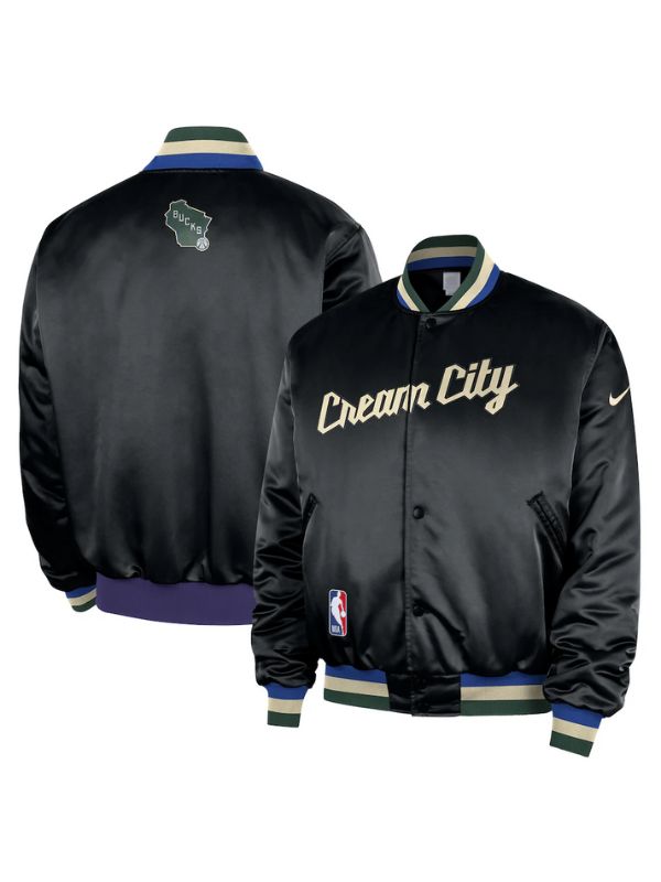 Outerwear Trends Milwaukee Bucks Nike Black 2025/26 Courtside Bomber Jacket