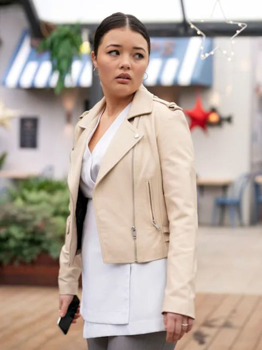 Outerwear Trends Neighbours 2025 Sadie Rodwell Beige Leather Jacket