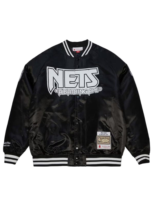 Outerwear Trends New Jersey Nets Black BAPE X M&N Satin Jacket