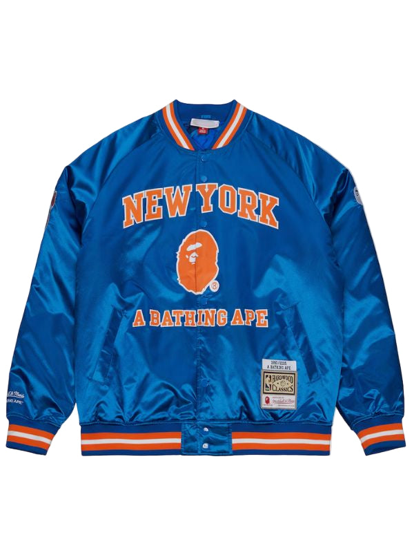 Outerwear Trends New York Knicks Blue BAPE X M&N Satin Jacket