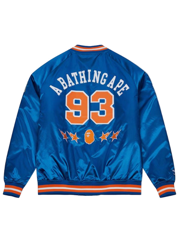 Outerwear Trends New York Knicks Blue BAPE X M&N Satin Jacket