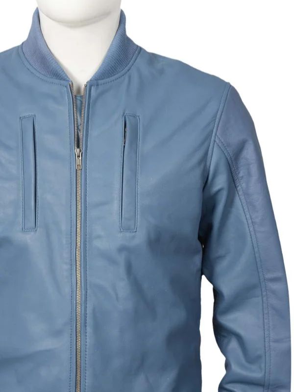 Outerwear Trends Simple Blue Bomber Leather Jacket With Rib Knit For Men