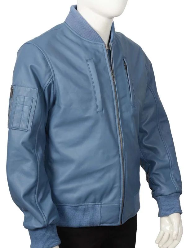 Outerwear Trends Simple Blue Bomber Leather Jacket With Rib Knit For Men