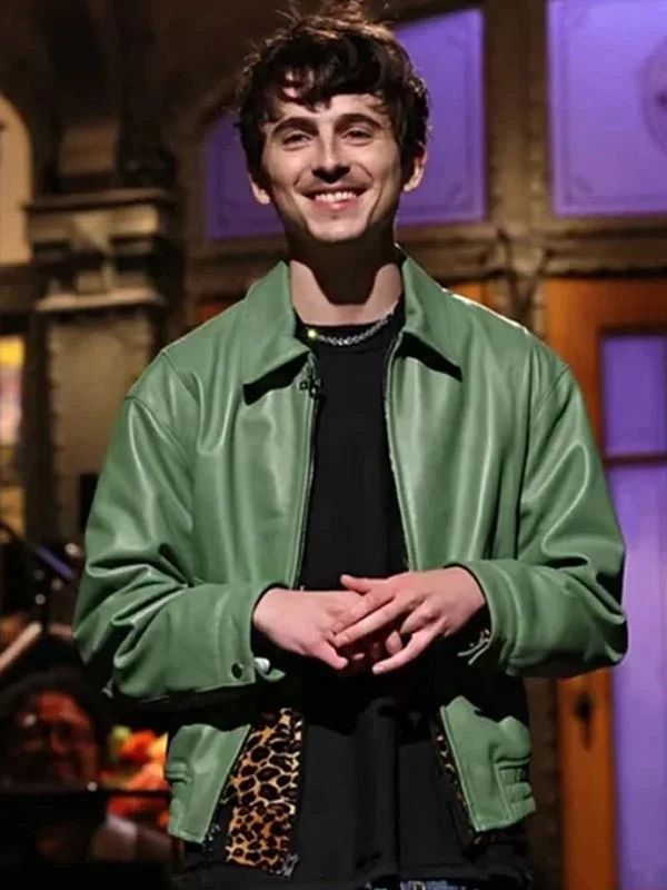 Outerwear Trends Timothée Chalamet Saturday Night Live Green Leather Jacket