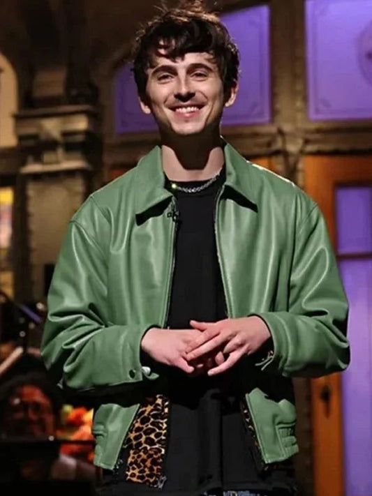 Outerwear Trends Timothée Chalamet Saturday Night Live Green Leather Jacket