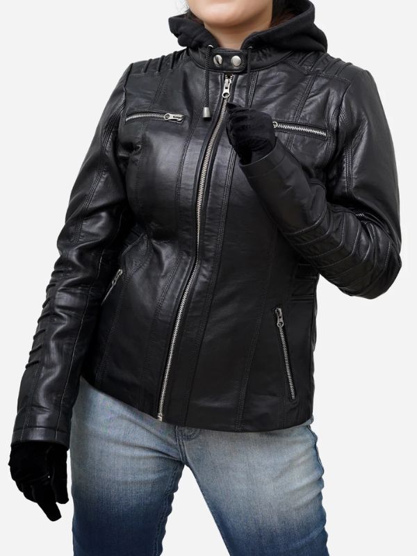 Outerwear Trends Women's Black Real Lambskin Hooded Leather Jacket
