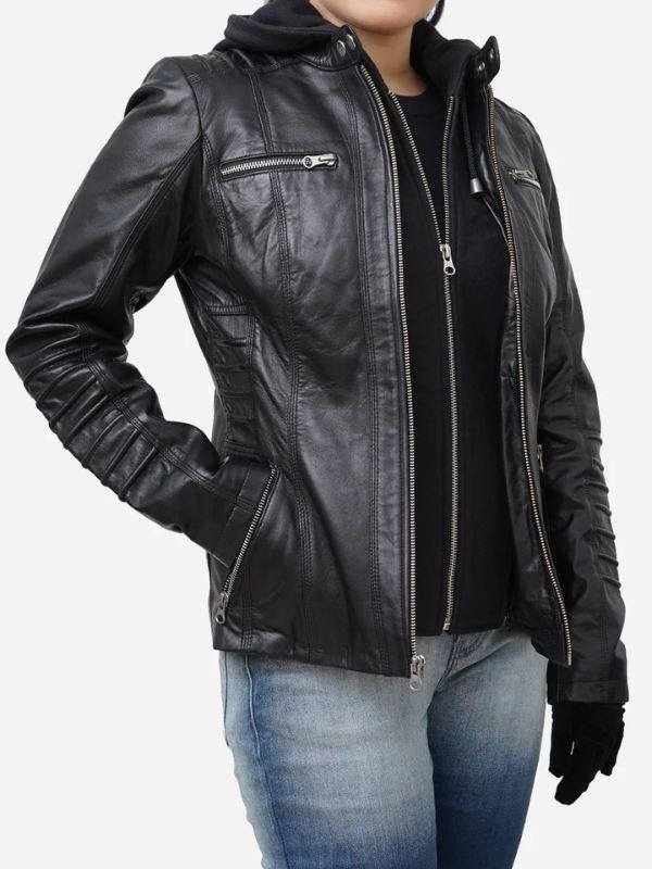 Outerwear Trends Women's Black Real Lambskin Hooded Leather Jacket