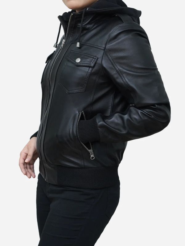Outerwear Trends Women's Black Real Lambskin Leather Hooded Jacket