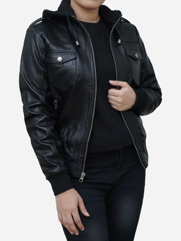 Outerwear Trends Women's Black Real Lambskin Leather Hooded Jacket