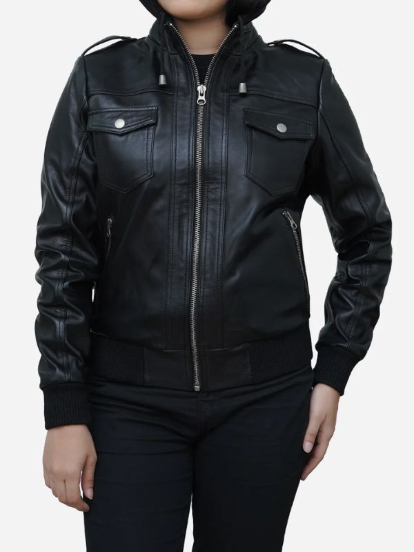 Outerwear Trends Women's Black Real Lambskin Leather Hooded Jacket