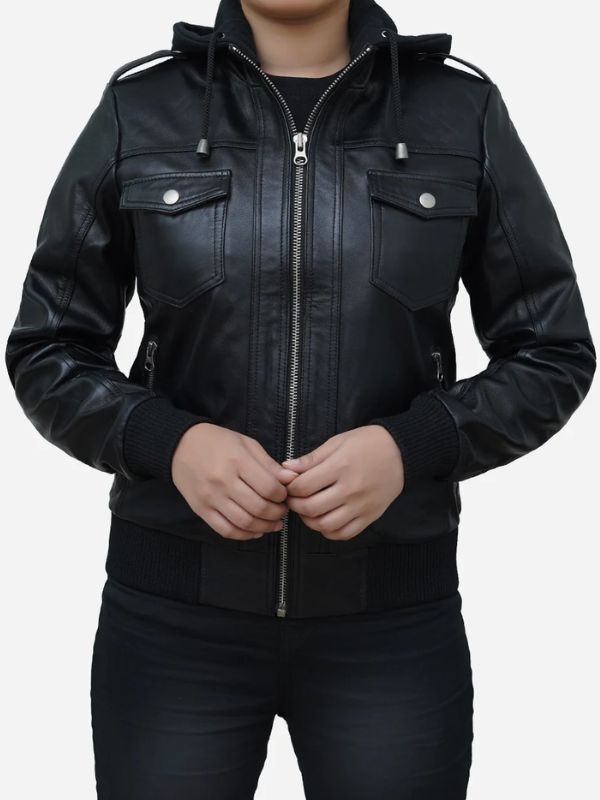 Outerwear Trends Women's Black Real Lambskin Leather Hooded Jacket