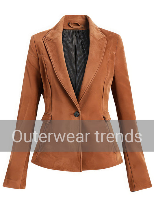 Outerwear Trends Women’s Brown Genuine Suede Notch Lapel Blazer
