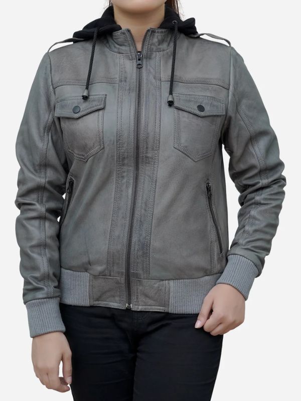 Outerwear Trends Women’s Cloud Grey Real Lambskin Hooded Leather Jacket