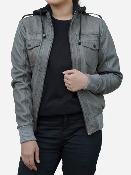 Outerwear Trends Women’s Cloud Grey Real Lambskin Hooded Leather Jacket