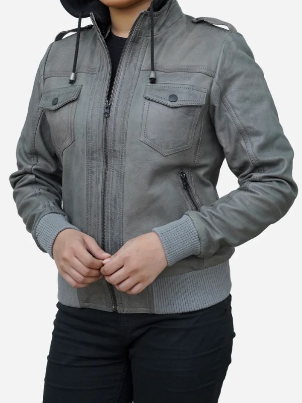 Outerwear Trends Women’s Cloud Grey Real Lambskin Hooded Leather Jacket